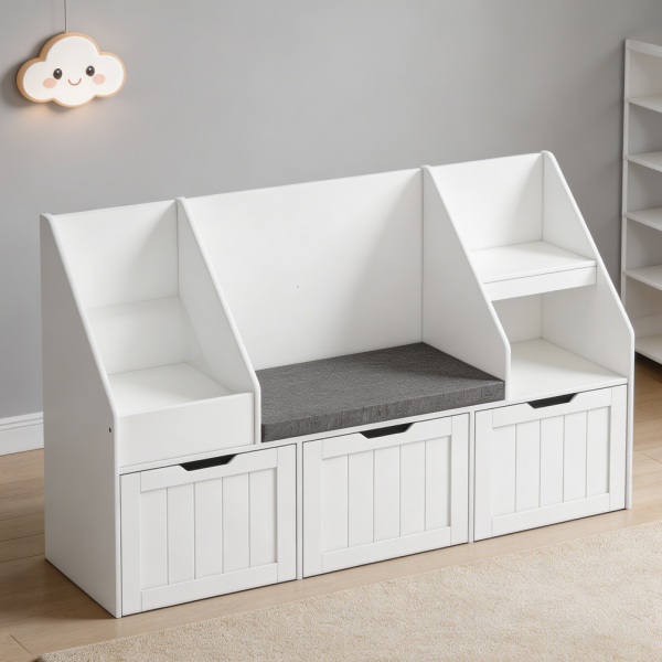 White Kids Toy Organizer with Reading Nook Bench
